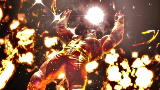 Zangief is pointing his fingers in the sky, as explosions erupt in the background, making his dramatic entrance on the scene in a bid for the top spot in the Street Fighter 6 tier list.
