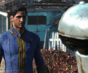 Fallout 4 console commands: a man wearing a blue jumpsuit stands in front of a shiny silver robot.