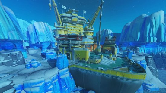 Overwatch 2 maps: An overview of the Antarctica Peninsula control map in the free PC game, featuring an icebreaker ship.