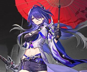 Honkai Star Rail characters: Acheron holds a parasol over her head with one hand, while the other rests on the scabbard of her lightning sword.