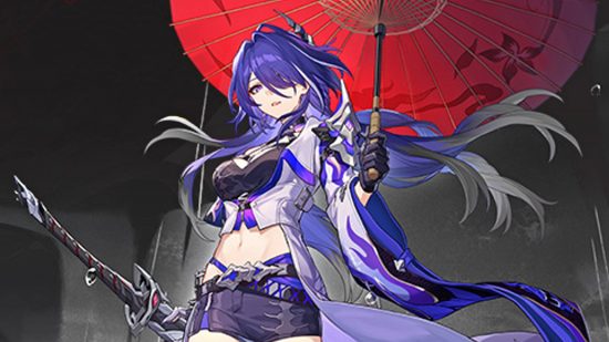 Honkai Star Rail characters: Acheron holds a parasol over her head with one hand, while the other rests on the scabbard of her lightning sword.