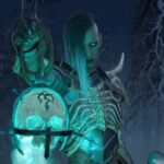 A DBD Necromancer, the best D4 class, holds a glowing skull in front of them, as their eyes glow green-blue like the skull.