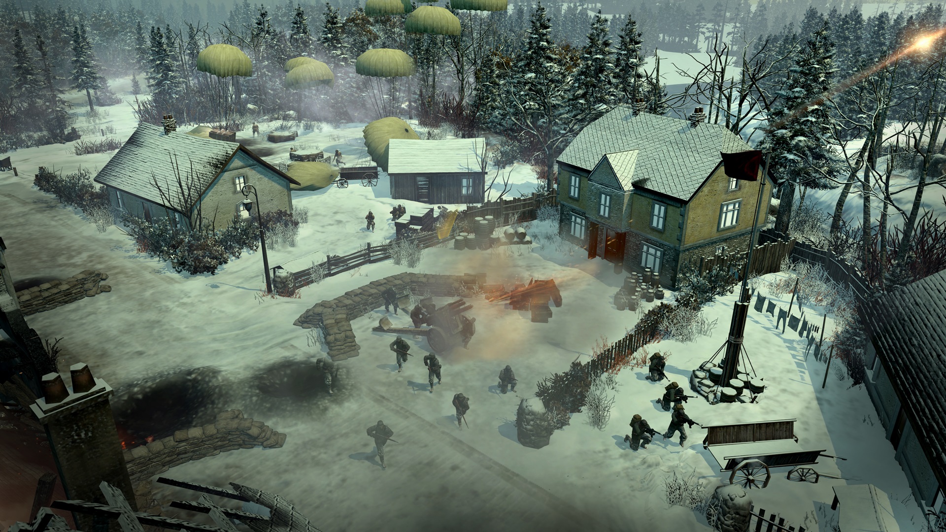 Best WW2 games: Company of Heroes 2: Ardennes Assault. Image shows soldiers running around in a snowy village.
