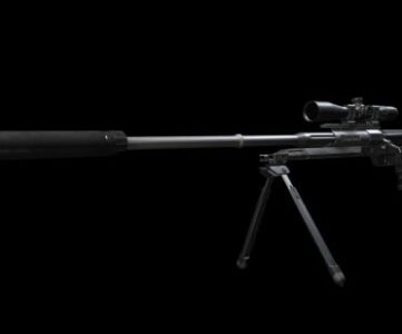 Best Warzone guns: a large sniper rifle with bipod and suppressor attachment.