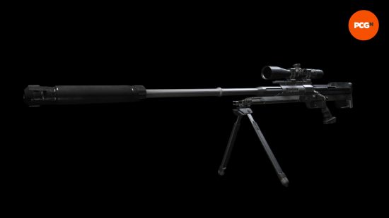 Best Warzone guns: a large sniper rifle with bipod and suppressor attachment.