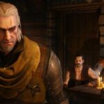 Best single player games - The Witcher 3: Geralt in a pub with a table full of bandits looking at him in the background.