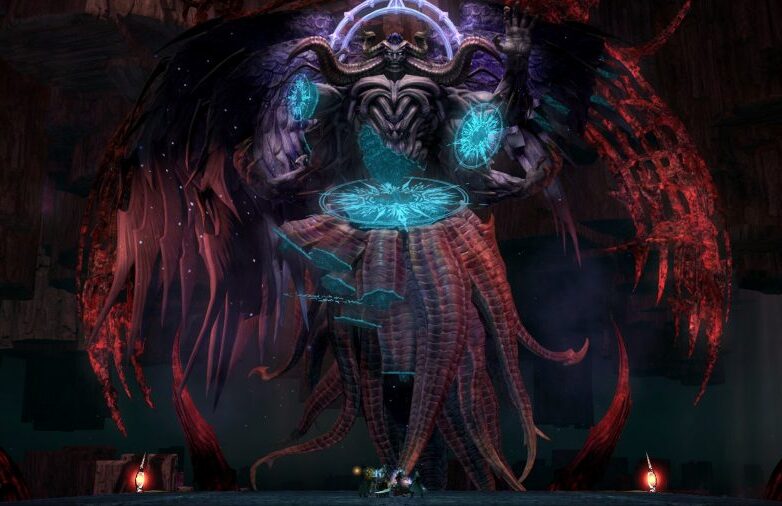 The Zodiark boss fight in FFXIV Endwalker: A giant stone god, glowing with blue magic
