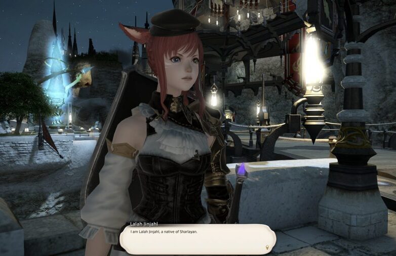 The Final Fantasy XIV Sage NPC speaking to the player at night in Limsa Lominsa