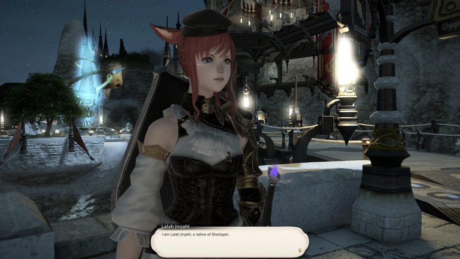 The Final Fantasy XIV Sage NPC speaking to the player at night in Limsa Lominsa
