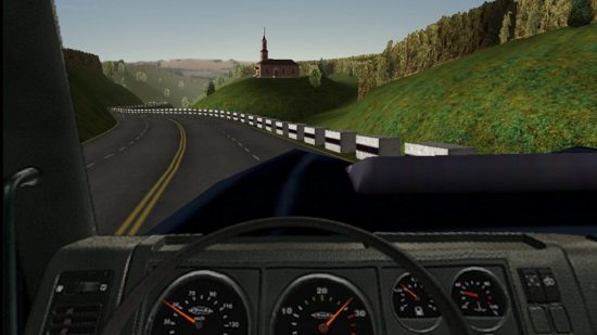 Best truck games: view from the cabin of a truck driving down a road