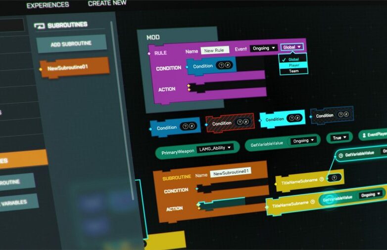 Battlefield Portal's logic editor uses coloured blocks to create custom rules and conditions for matches.