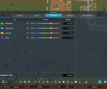 A screen showing sliders that manage Cities Skylines 2 taxes and how much each individual sector pays.
