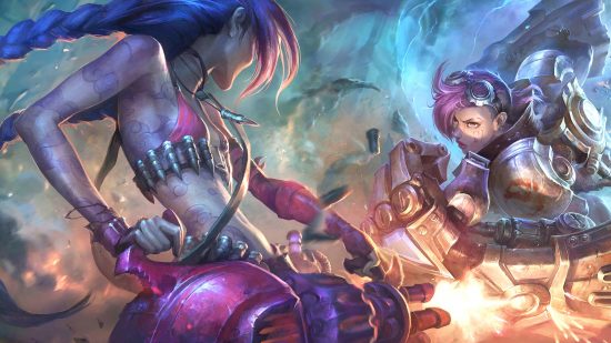 League of legends: a woman holding a gatling gun fights another weilding mechanical fists