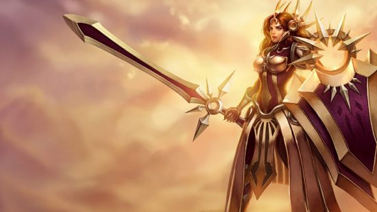 Best support champions: an armour-clad woman stands holding a huge shield and a sword