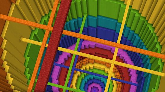 Best Minecraft maps - a rainbow dropper with lots of lines acting as obstacles in the Impossible Dropper 2 map.