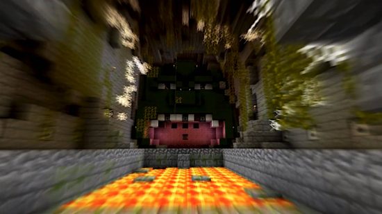 Best Minecraft maps - a giant gree face is screaming at the player near a lava pit in the Ruins of the Dead map.