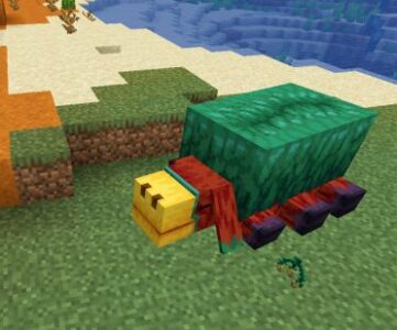 Minecraft mobs: The Minecraft sniffer lies on the ground, having recovered a Torchflower seed
