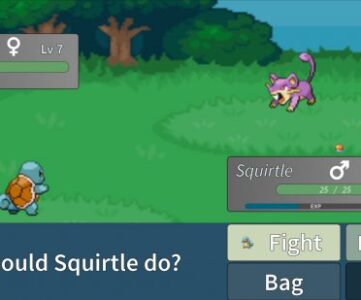 A battle takes place in Project Polaro between a Squirtle and a Rattata