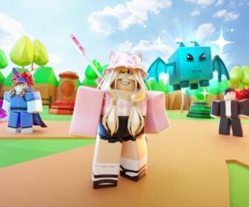 Roblox promo codes: a Roblox character wearing pink and standing next to a blue flying bat creature.