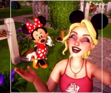 Best life games Disney Dreamlight Valley: Player character and Minnie Mouse take a selfie together in the valley