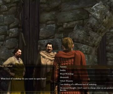 Bannerlord workshops - a lord is speaking with a shop worker about what kind of workshop they wish to open in the town. A second worker looks on sternly.