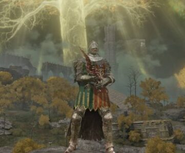 Best Elden Ring weapons - the Tarnished is wielding the Reduvia while standing on a ledge looking at the glowing Erdtree.