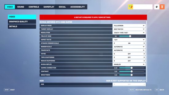 The Overwatch 2 video settings screen