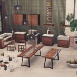 Sims 4 CC: A set of themed custom kitchen items for a house, including wine glasses, bar tops, units, and plants.