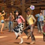 A number of people dance in a barn while someone plays the piano, all wearing cowboy boots and western clothing, in the Sims 4: Horse Ranch expansion pack.