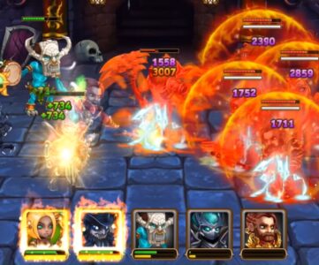 Best browser games: Hero Wars. Image shows a battle in progress between several large headed fantasy characters.