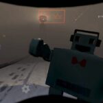 First person view of someone holding a toy robot and approaching a lighthouse in Lethal Company, one of the best horror games.