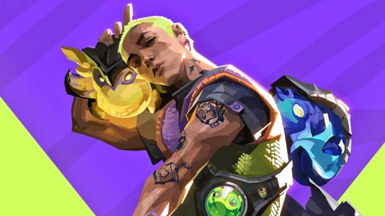 Valorant tier list: Gekko, an s-tier agent, is seen with two of his buddies, small creatures that he sends out as his abilities, he has green hair and is on a purple background.