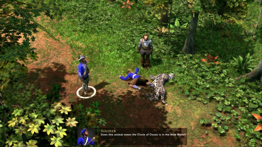 An in-game cutscene - two men stand over the corpses of a soldier and a large cat