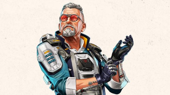 A grey haired man, Ballistic of Apex Legends, fixes his bionic wrist and looks to the left of the camera.