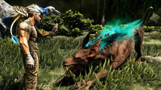 The best Ark Survival mods: A player is taming one of the animals using the Ark Survival Evolved Immersive Training mod.