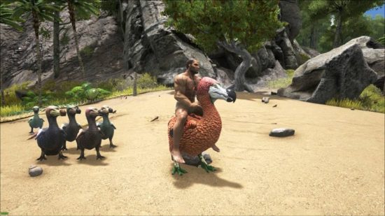 Best Ark Survival mods: The player is riding a big dodo with a Ark Survival Evolved mod. Babies waddle behind them.