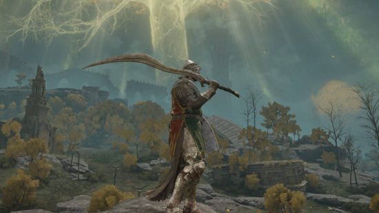 Best Elden Ring weapons - the Tarnished is wielding the Bloodhound Fang while standing on a ledge. A ruined church and the Erdtree are in the distance.