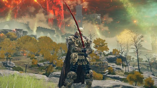 Best Elden Ring weapons - the Tarnished is holding onto the Rivers of Blood, which is a red katana. The Erdtree burns in the distance.