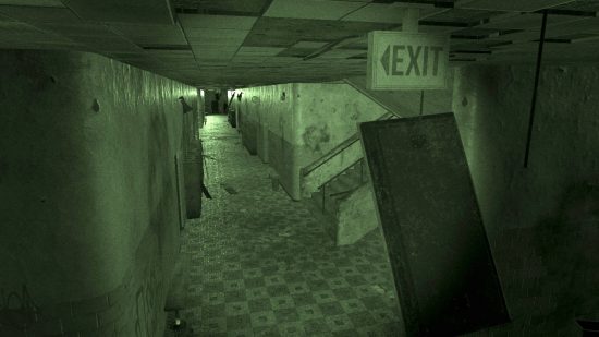 Best VR games - a green CCTV view of an empty hospital corridor. Things are falling apart and giving creepy vibes.