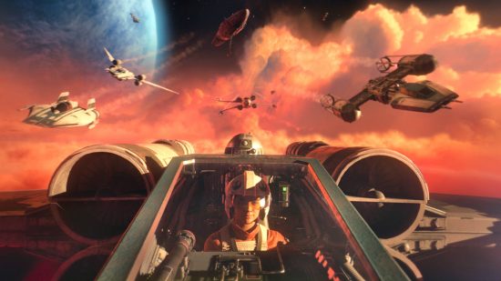 Best VR games - a Rebel Alliance pilot flying an X-Wing through space with more Rebellion ships behind them.