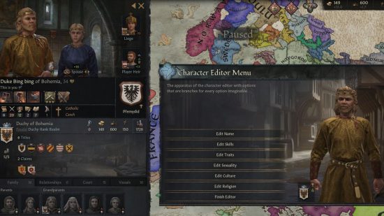 Best CK3 mods: The character editor menu for Daddy Pika's Cheat Menu as depicted in Crusader King's 3, showing the ability to edit skills, traits, culture, religion, and more.