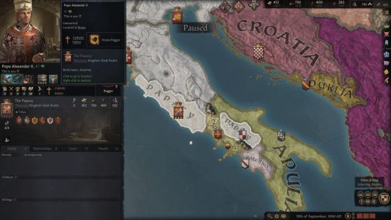 Best CK3 mods: Pope Alexander II overlooking Italy as part of the More Game Rules mod for Crusader Kings 3.