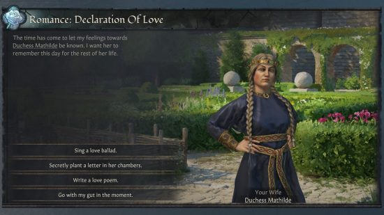 Best CK3 mods: A declaration of love in Crusader Kings 3 depicting Duchess Matilde, as shown using the nameplates mod