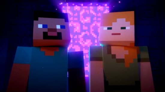 Best co-op games - Minecraft: Alex and Steve stand in from of a portal in the Nether