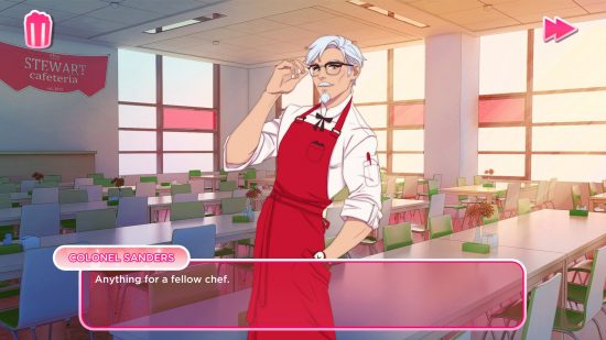 Best dating sims: An young, anime-style Colonel Sanders stands in a kitchen in chef school in dating sim I Love You, Colonel Sanders