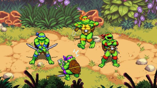 Best multiplayer games - all four turtles are standing in a prehistoric forest. Donatello is distracted while playing on a Gameboy, Raphael is laughing, Michelangelo is dancing, and Leonardo is meditating with his swords.