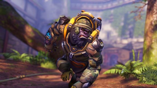 Best Overwatch 2 tank heroes: Winston charging through a dense forest, railgun in hand