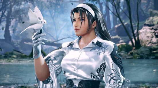 Best PC games: Jun Kazama from Tekken 8 holding a small white bird on the tip of her fingers.