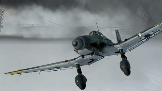 A WW2 fighter plane traverses the fog