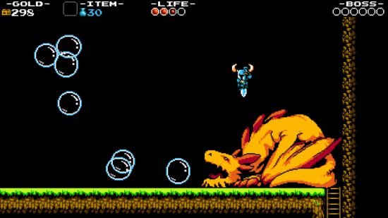 Best platform games: Shovel Knight bounces on the head of a gold dragon blowing bubbles in order to defeat it.